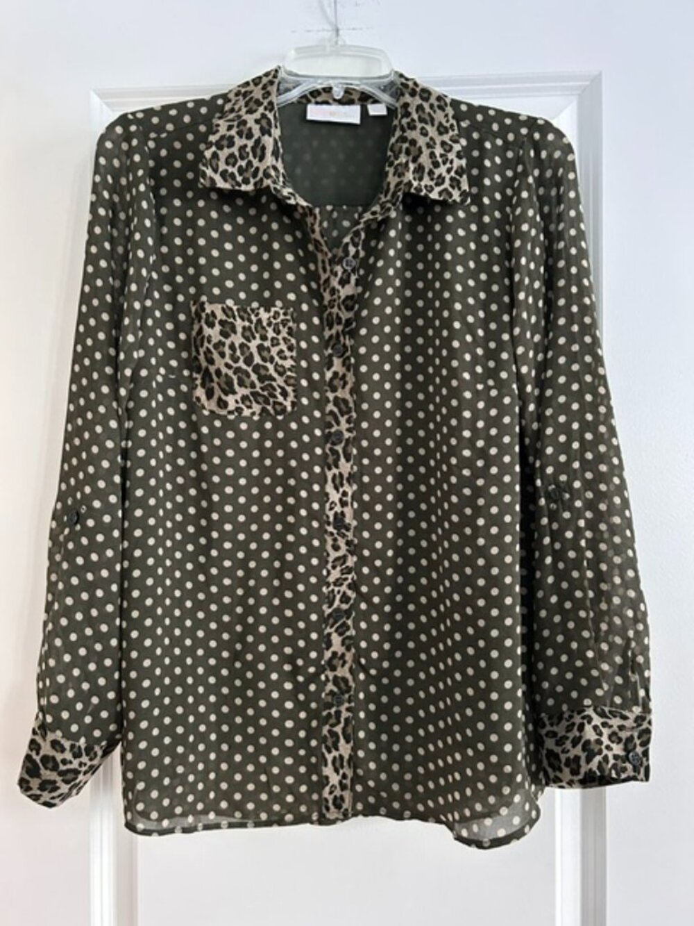 Belle by Kim Gravel Dot Print Blouse with Leopard Detail, Size Small